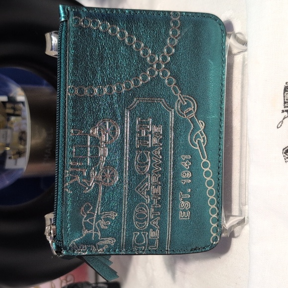 Coach Metallic Teal And Silver Leather Wallet/Card Holder With Keyring - Picture 3 of 10